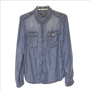 JORDACHE WOMENS BLUE DENIM CHAMBRAY BUTTON DOWN SHIRT DARK WASH FADED MEDIUM